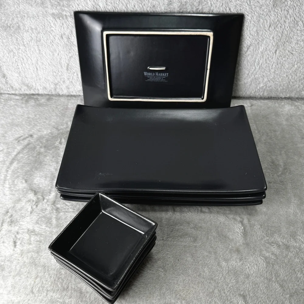 World Market Sushi Matte Black Ceramic Rectangular Plates Set 4 Dipping Bowls